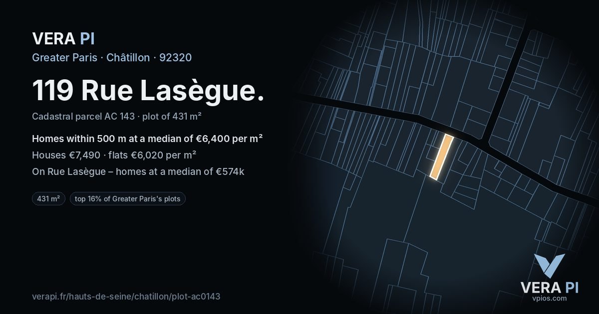 119 Rue Lasègue, Châtillon at night – the plot lit, the parcels around coloured by the prices near them