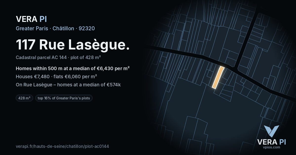 117 Rue Lasègue, Châtillon at night – the plot lit, the parcels around coloured by the prices near them