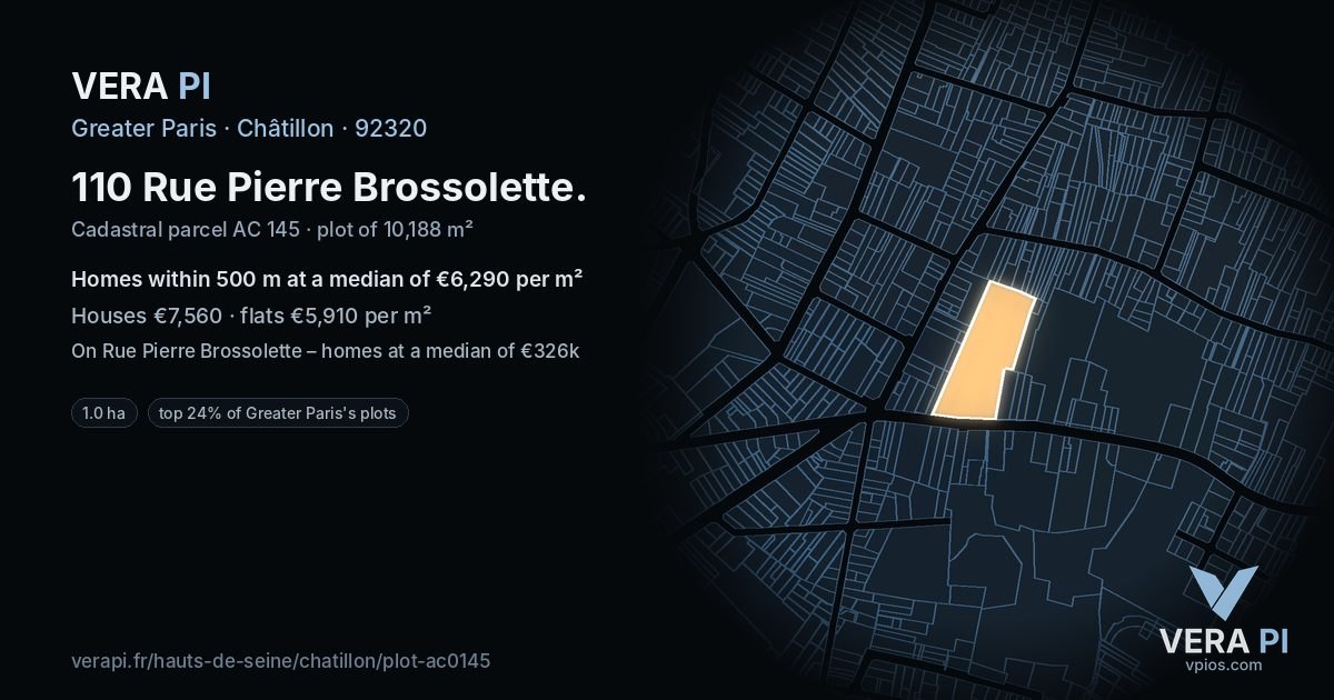 110 Rue Pierre Brossolette, Châtillon at night – the plot lit, the parcels around coloured by the prices near them