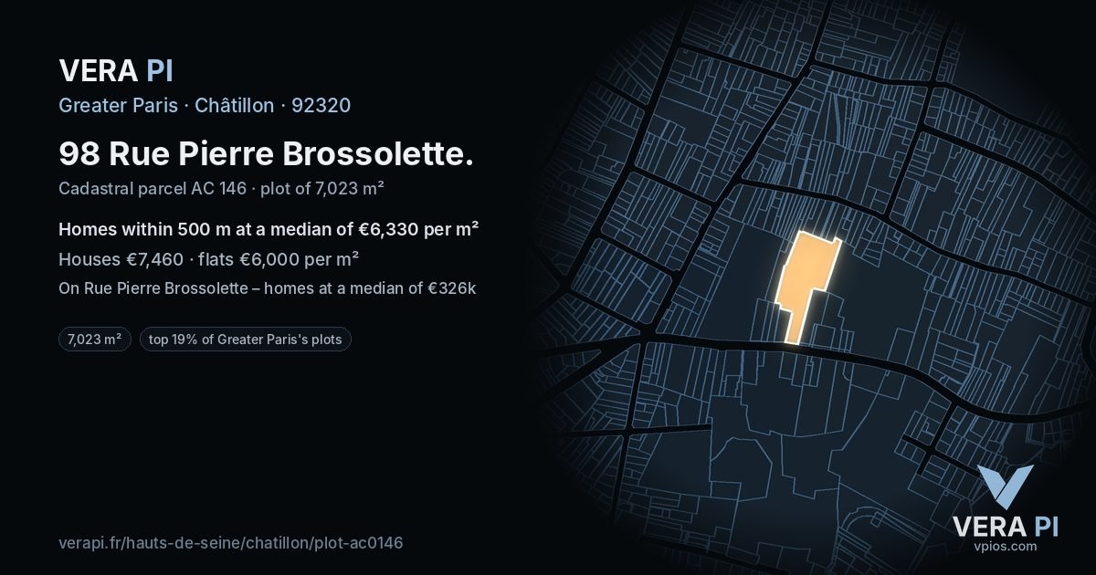 98 Rue Pierre Brossolette, Châtillon at night – the plot lit, the parcels around coloured by the prices near them