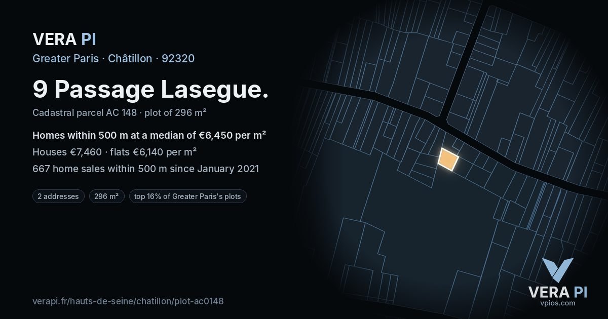 9 Passage Lasegue, Châtillon at night – the plot lit, the parcels around coloured by the prices near them
