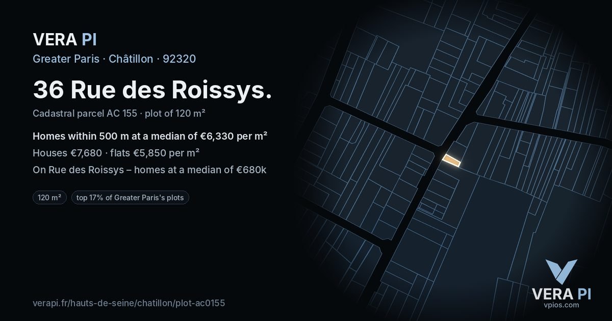 36 Rue des Roissys, Châtillon at night – the plot lit, the parcels around coloured by the prices near them