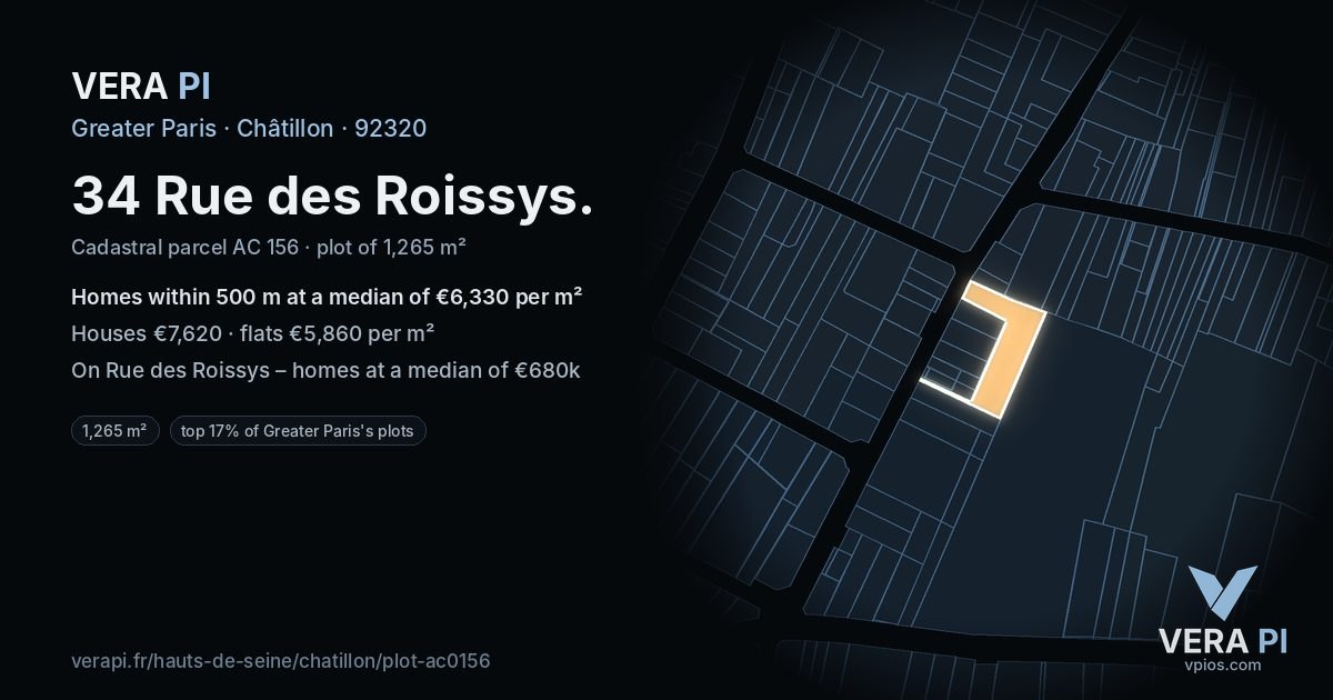34 Rue des Roissys, Châtillon at night – the plot lit, the parcels around coloured by the prices near them