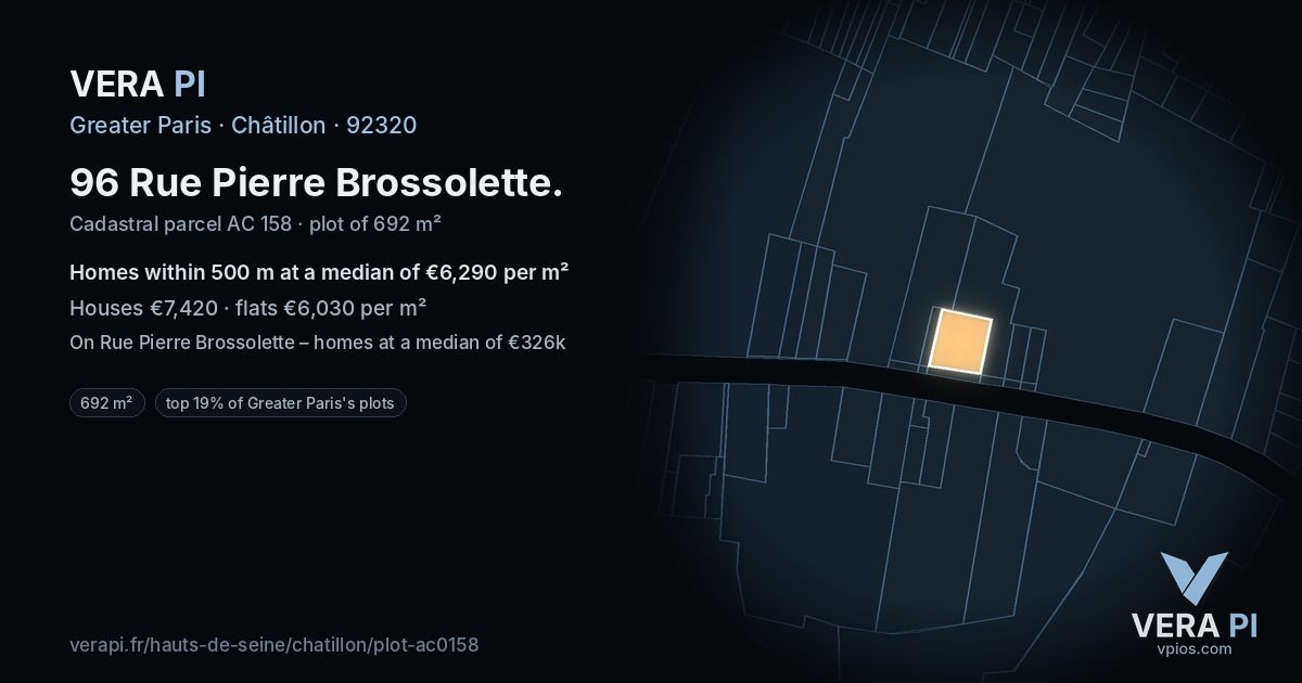 96 Rue Pierre Brossolette, Châtillon at night – the plot lit, the parcels around coloured by the prices near them