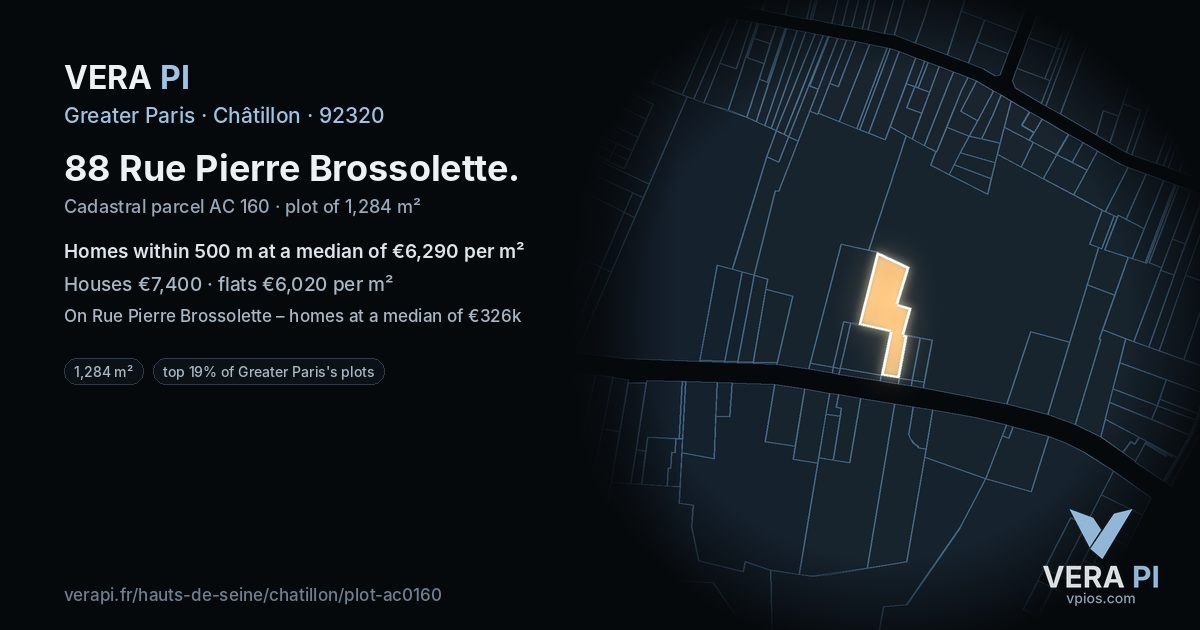 88 Rue Pierre Brossolette, Châtillon at night – the plot lit, the parcels around coloured by the prices near them