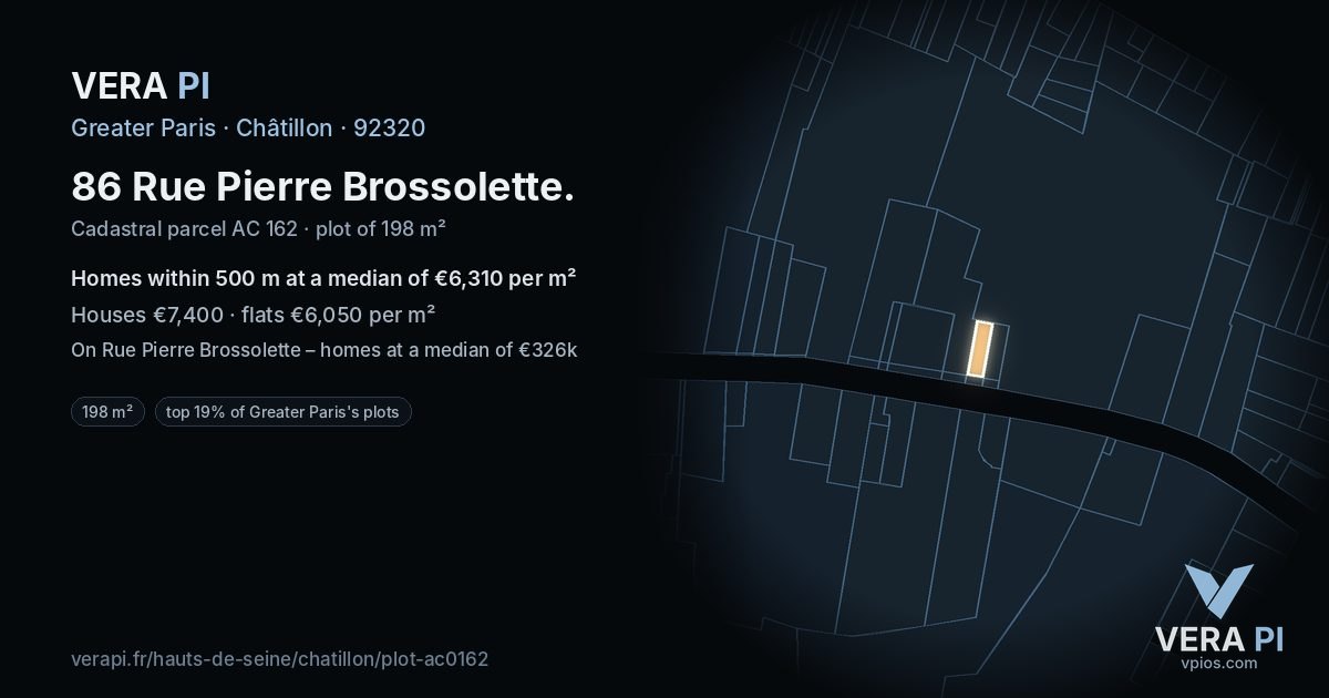86 Rue Pierre Brossolette, Châtillon at night – the plot lit, the parcels around coloured by the prices near them