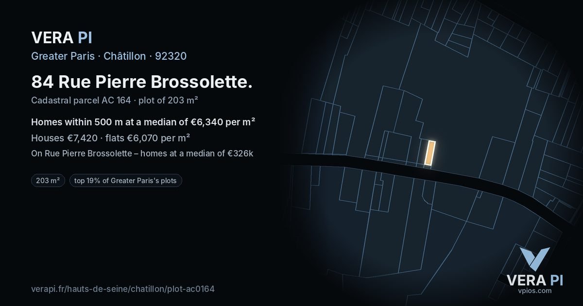 84 Rue Pierre Brossolette, Châtillon at night – the plot lit, the parcels around coloured by the prices near them