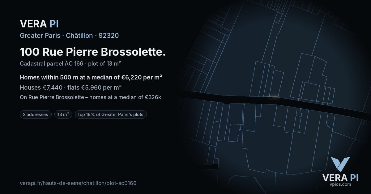 100 Rue Pierre Brossolette, Châtillon at night – the plot lit, the parcels around coloured by the prices near them