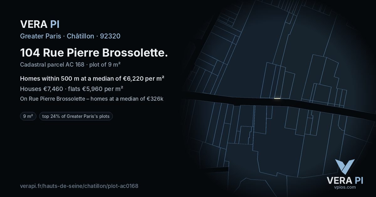 104 Rue Pierre Brossolette, Châtillon at night – the plot lit, the parcels around coloured by the prices near them