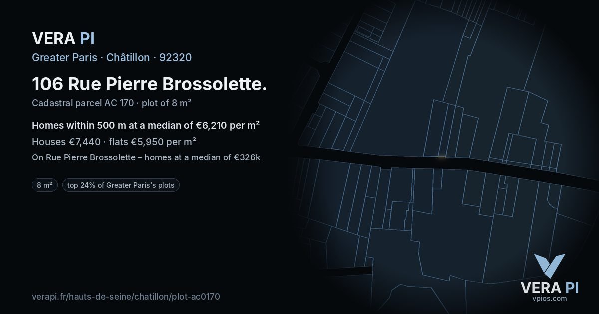 106 Rue Pierre Brossolette, Châtillon at night – the plot lit, the parcels around coloured by the prices near them