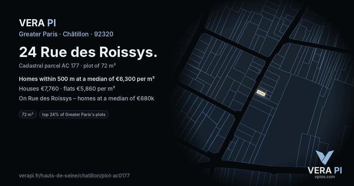24 Rue des Roissys, Châtillon at night – the plot lit, the parcels around coloured by the prices near them