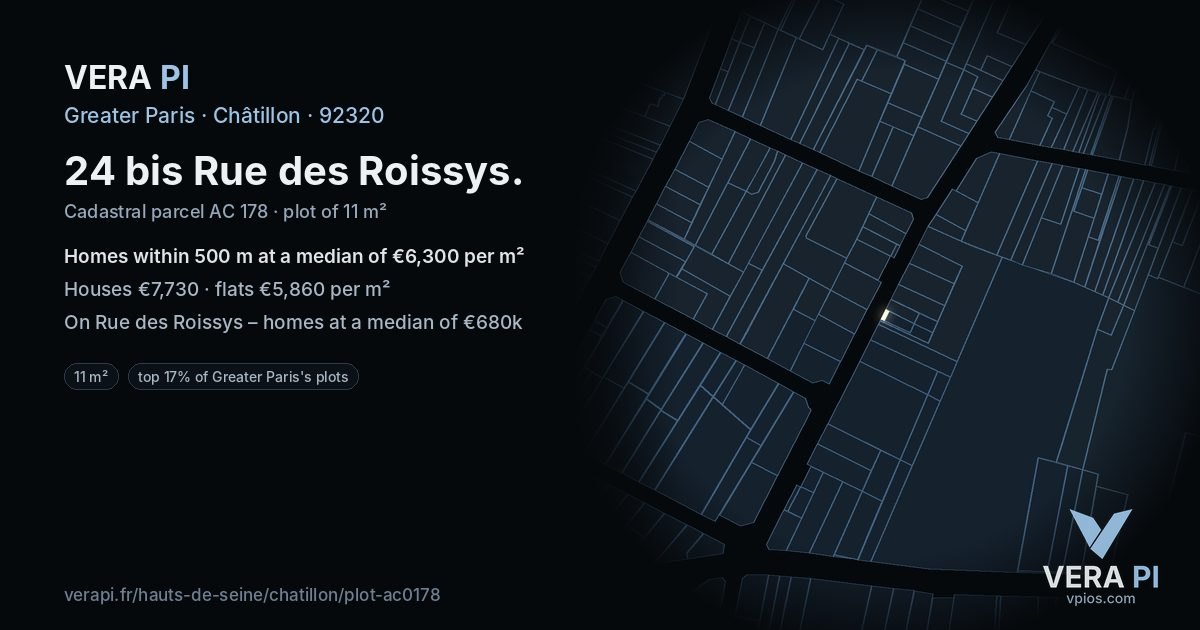 24 bis Rue des Roissys, Châtillon at night – the plot lit, the parcels around coloured by the prices near them