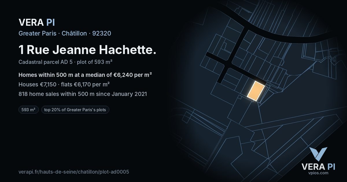 1 Rue Jeanne Hachette, Châtillon at night – the plot lit, the parcels around coloured by the prices near them