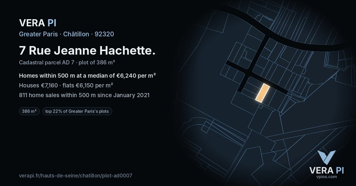 7 Rue Jeanne Hachette, Châtillon at night – the plot lit, the parcels around coloured by the prices near them
