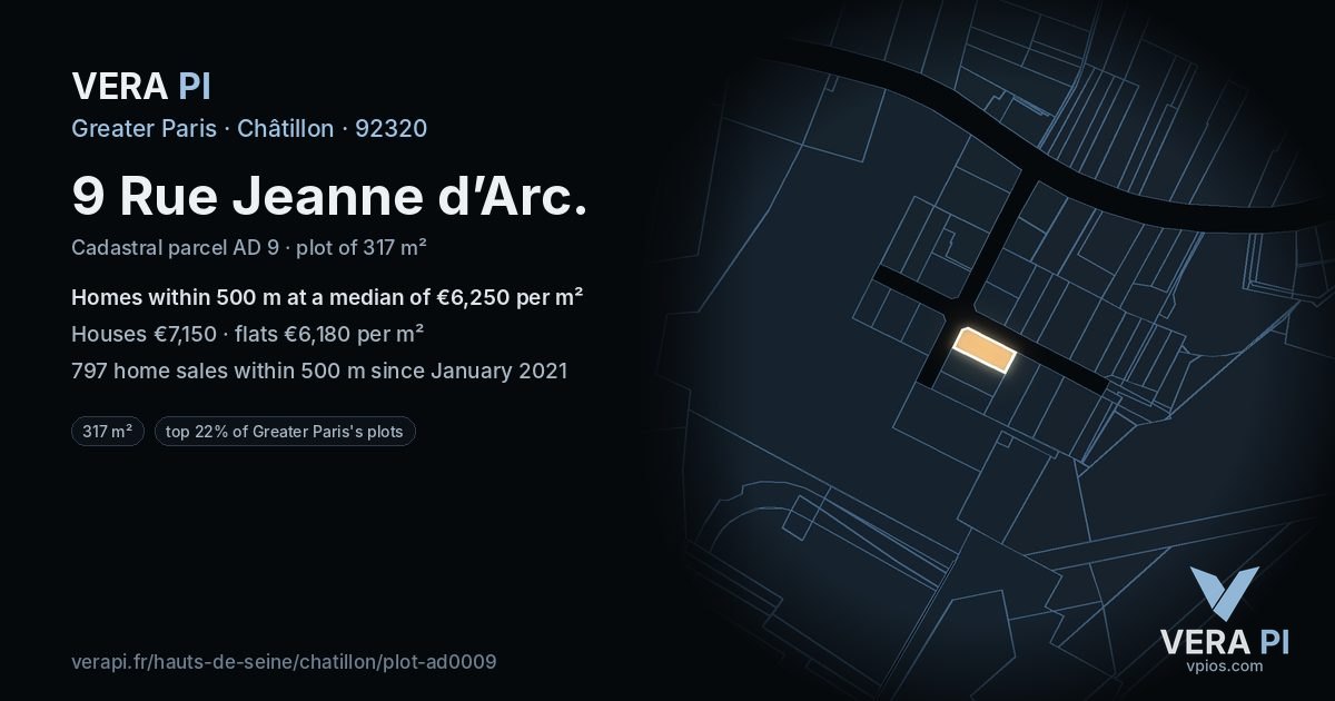 9 Rue Jeanne d’Arc, Châtillon at night – the plot lit, the parcels around coloured by the prices near them