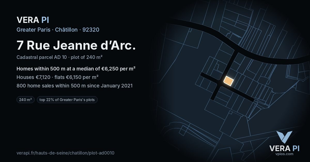 7 Rue Jeanne d’Arc, Châtillon at night – the plot lit, the parcels around coloured by the prices near them
