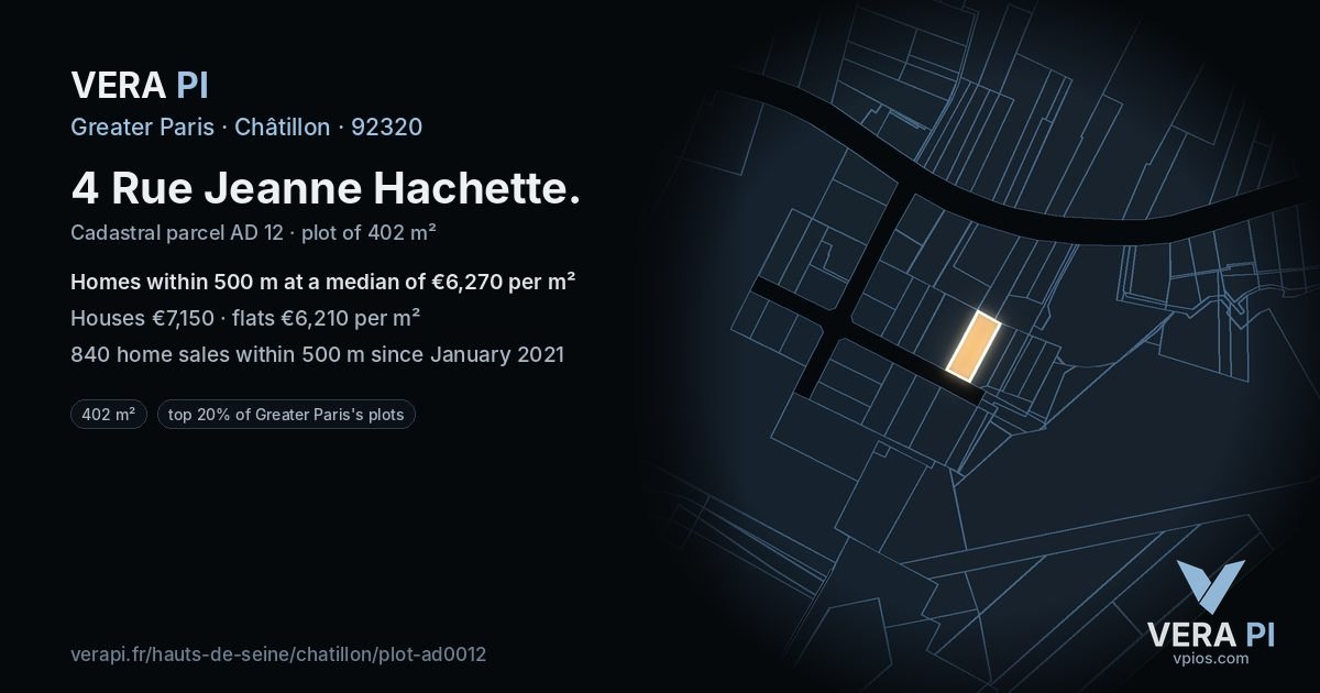 4 Rue Jeanne Hachette, Châtillon at night – the plot lit, the parcels around coloured by the prices near them