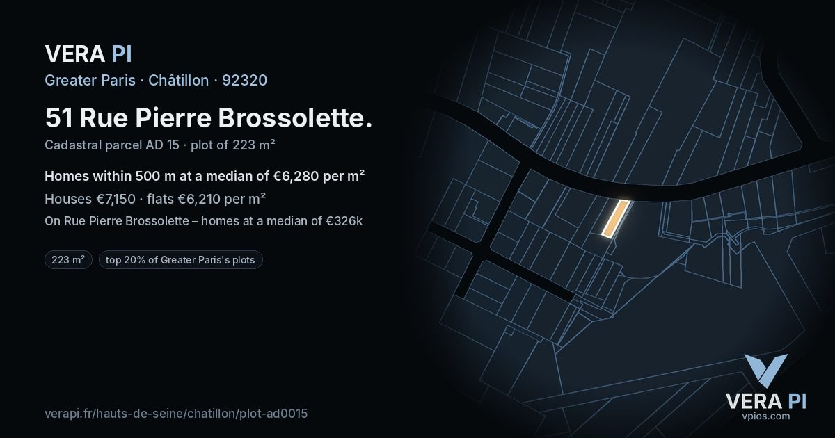 51 Rue Pierre Brossolette, Châtillon at night – the plot lit, the parcels around coloured by the prices near them