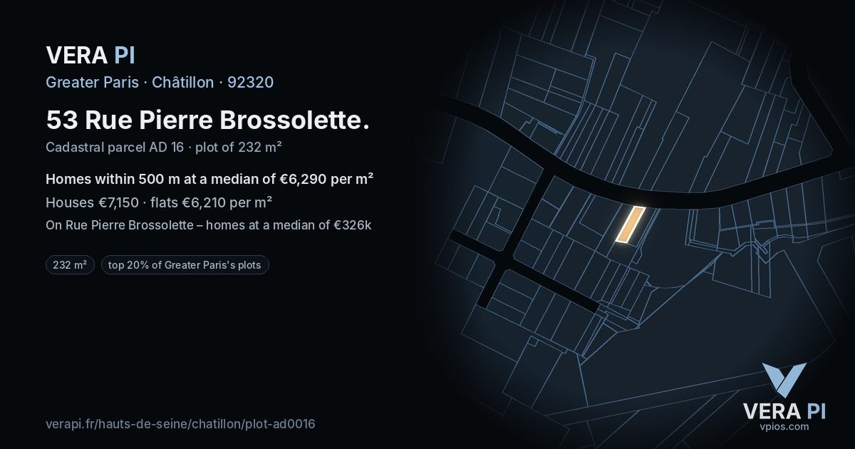 53 Rue Pierre Brossolette, Châtillon at night – the plot lit, the parcels around coloured by the prices near them
