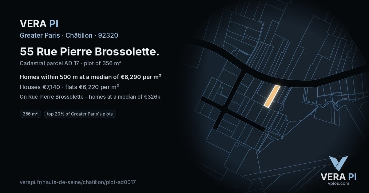55 Rue Pierre Brossolette, Châtillon at night – the plot lit, the parcels around coloured by the prices near them