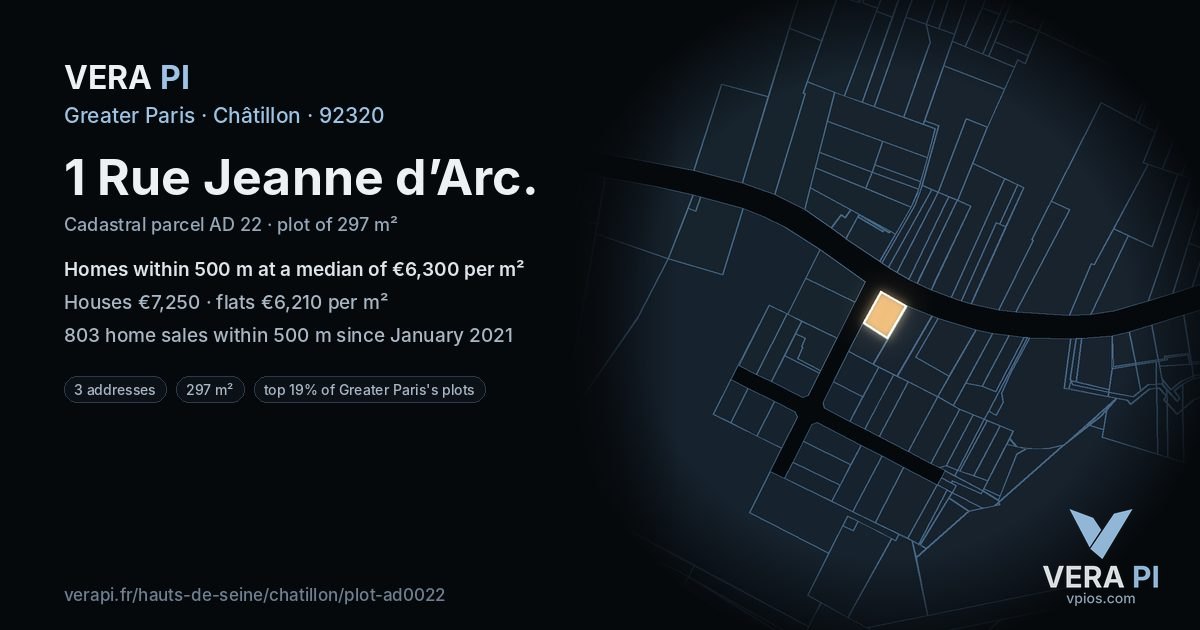 1 Rue Jeanne d’Arc, Châtillon at night – the plot lit, the parcels around coloured by the prices near them