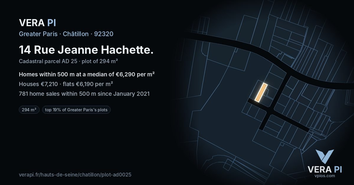 14 Rue Jeanne Hachette, Châtillon at night – the plot lit, the parcels around coloured by the prices near them