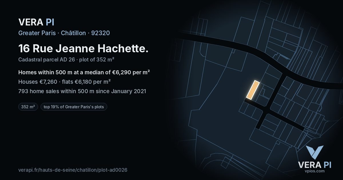 16 Rue Jeanne Hachette, Châtillon at night – the plot lit, the parcels around coloured by the prices near them