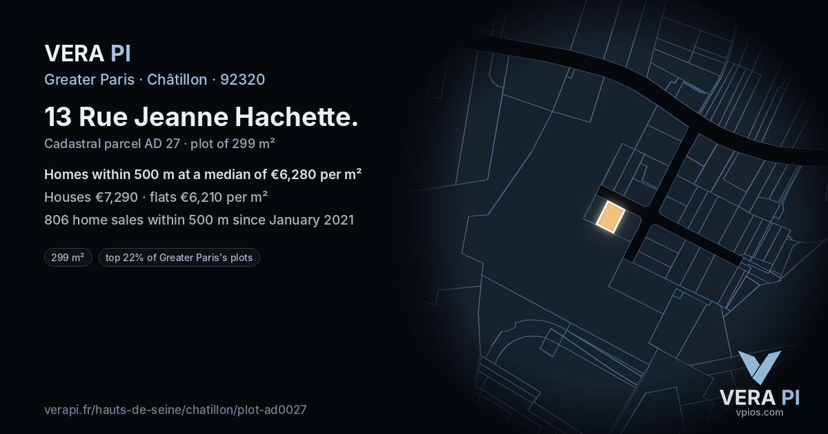 13 Rue Jeanne Hachette, Châtillon at night – the plot lit, the parcels around coloured by the prices near them
