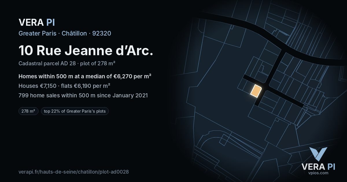 10 Rue Jeanne d’Arc, Châtillon at night – the plot lit, the parcels around coloured by the prices near them