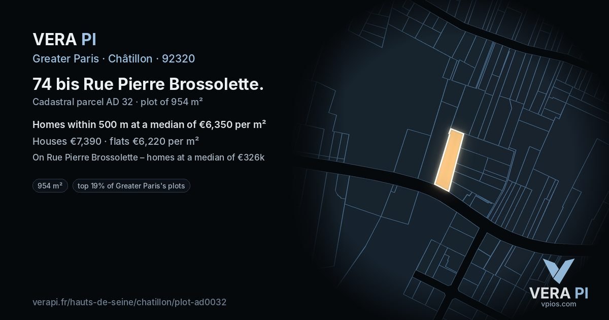 74 bis Rue Pierre Brossolette, Châtillon at night – the plot lit, the parcels around coloured by the prices near them