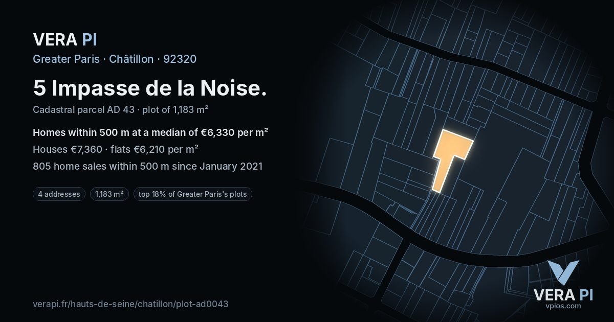 5 Impasse de la Noise, Châtillon at night – the plot lit, the parcels around coloured by the prices near them