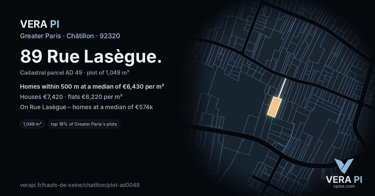 89 Rue Lasègue, Châtillon at night – the plot lit, the parcels around coloured by the prices near them