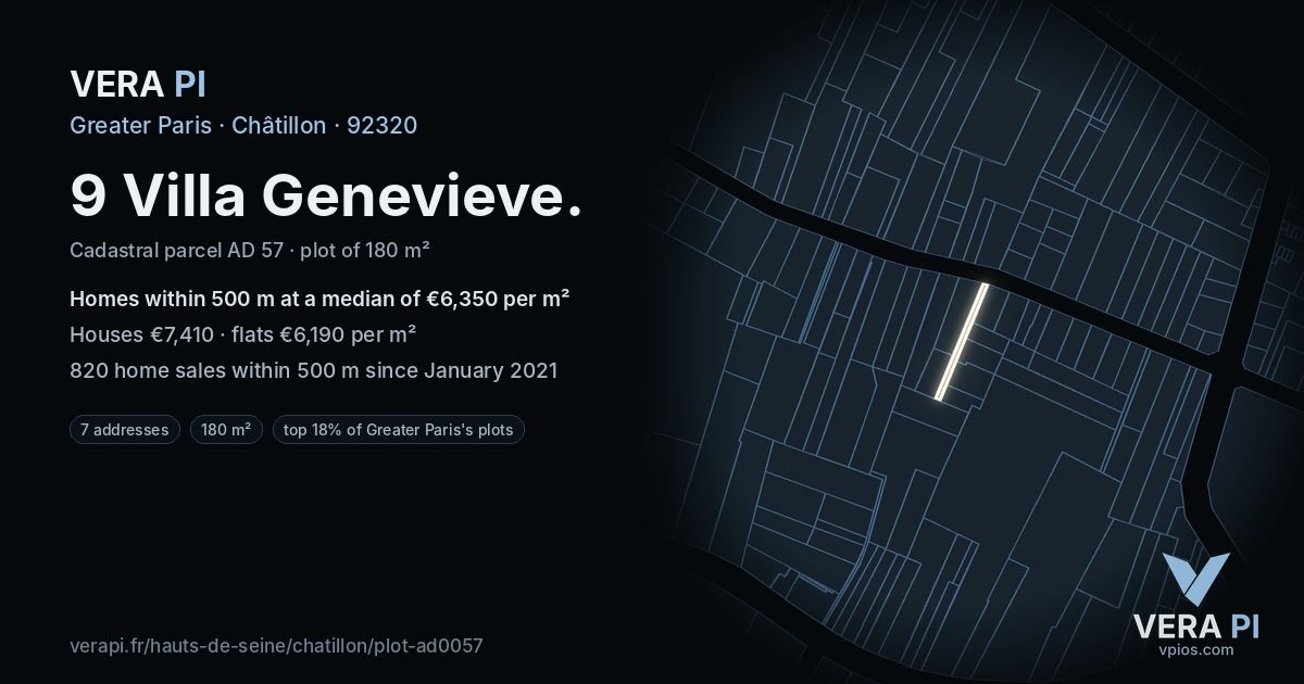 9 Villa Genevieve, Châtillon at night – the plot lit, the parcels around coloured by the prices near them