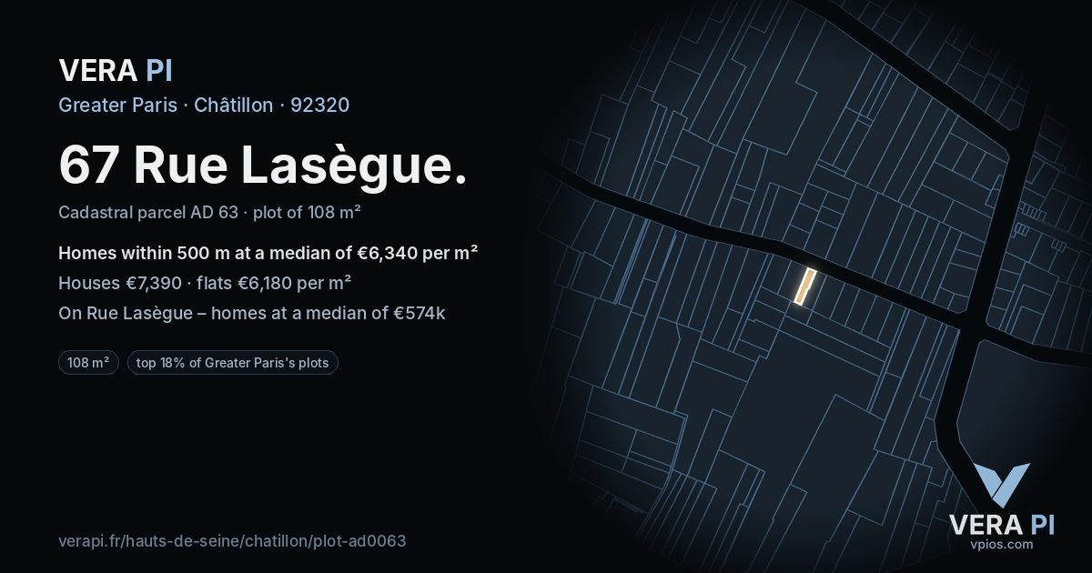 67 Rue Lasègue, Châtillon at night – the plot lit, the parcels around coloured by the prices near them