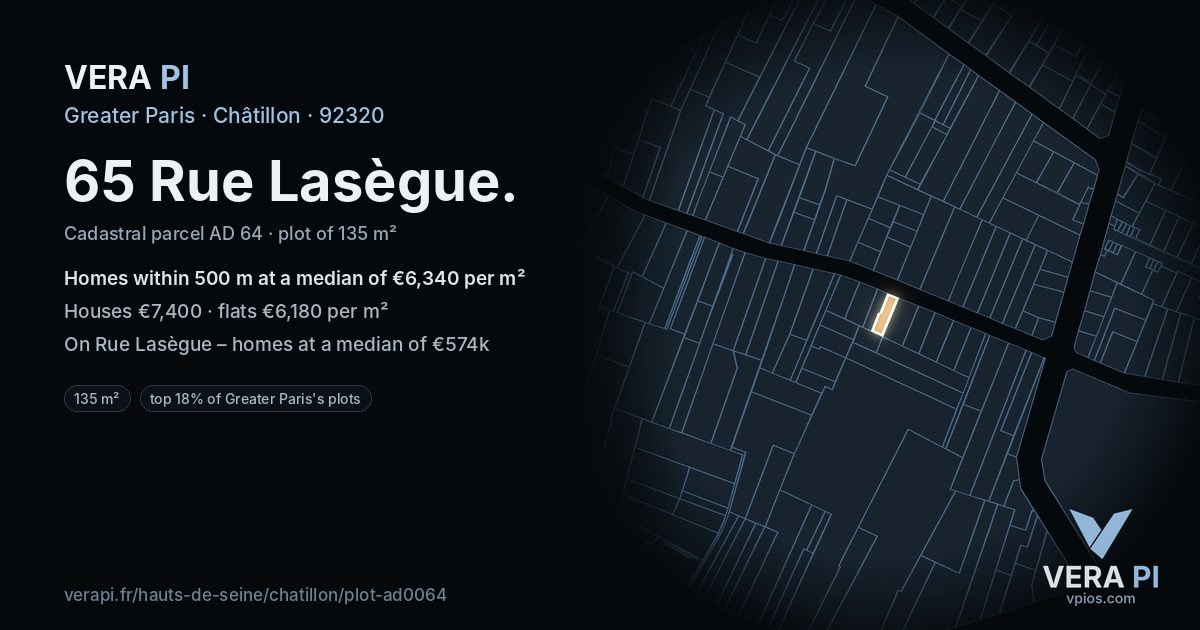 65 Rue Lasègue, Châtillon at night – the plot lit, the parcels around coloured by the prices near them