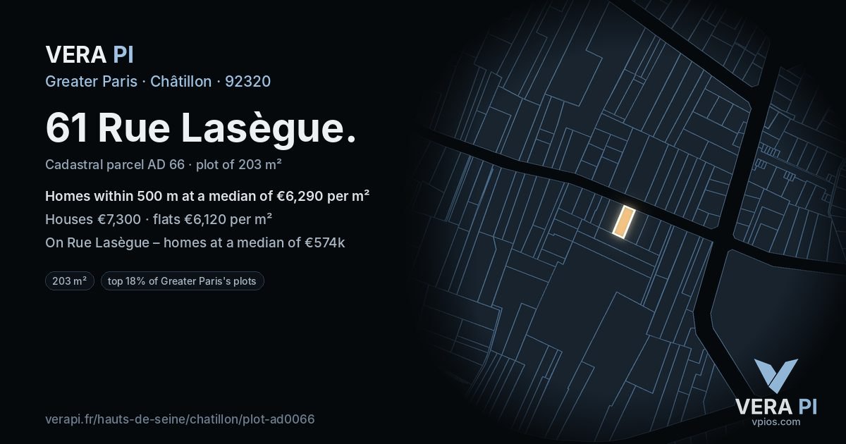 61 Rue Lasègue, Châtillon at night – the plot lit, the parcels around coloured by the prices near them
