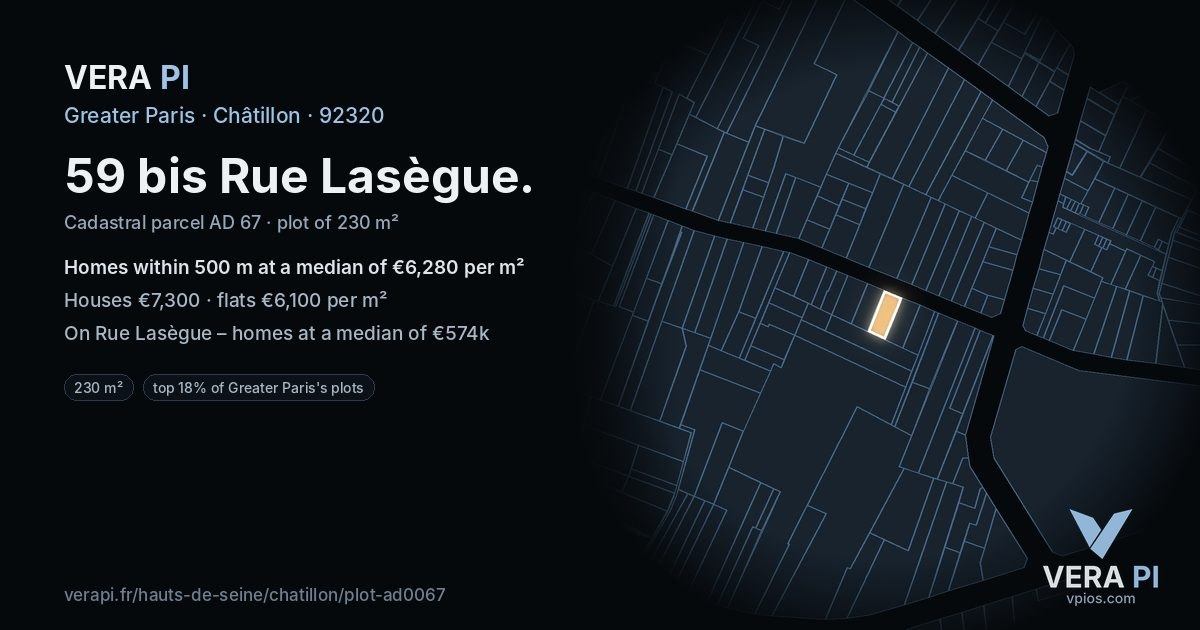 59 bis Rue Lasègue, Châtillon at night – the plot lit, the parcels around coloured by the prices near them