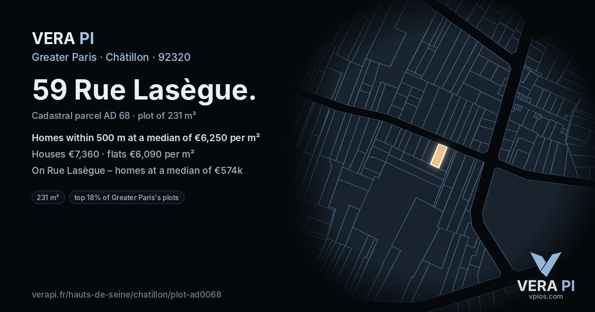 59 Rue Lasègue, Châtillon at night – the plot lit, the parcels around coloured by the prices near them