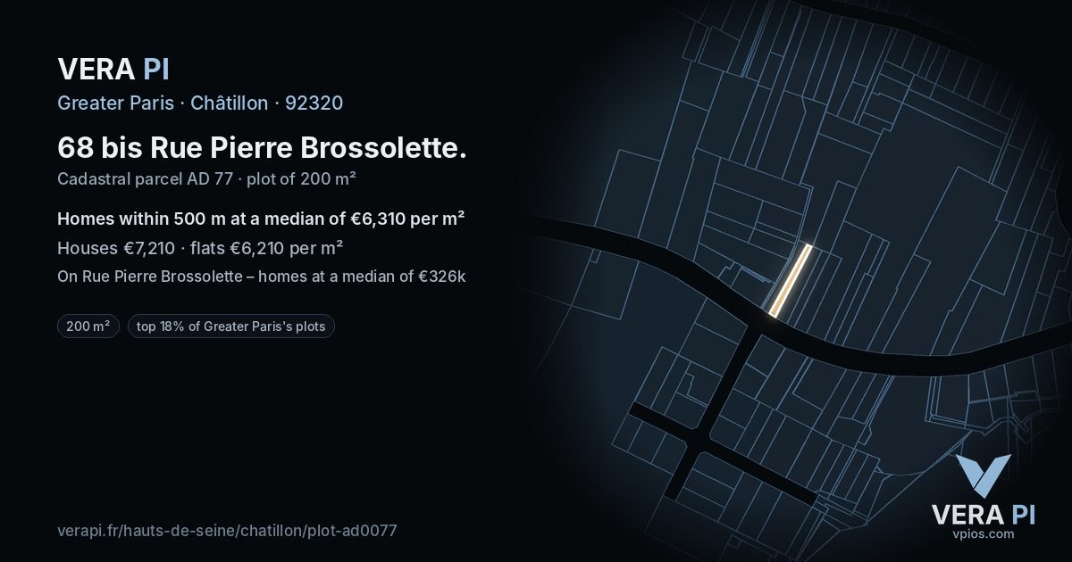 68 bis Rue Pierre Brossolette, Châtillon at night – the plot lit, the parcels around coloured by the prices near them