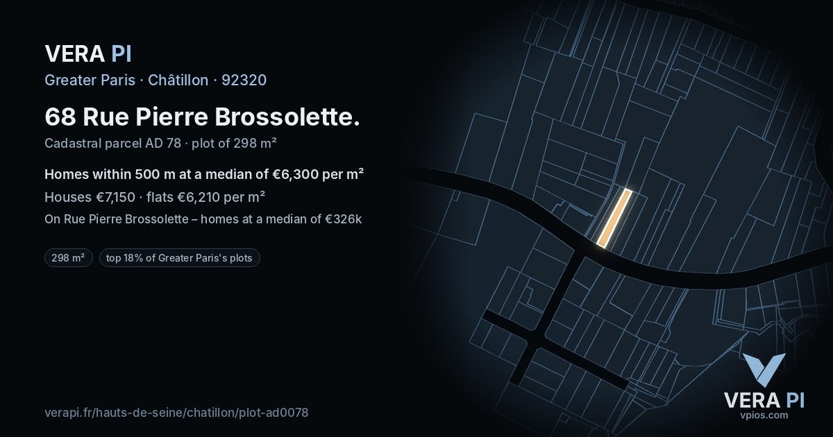 68 Rue Pierre Brossolette, Châtillon at night – the plot lit, the parcels around coloured by the prices near them