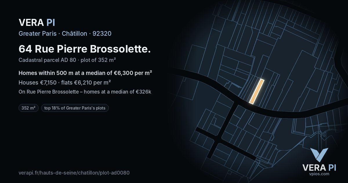 64 Rue Pierre Brossolette, Châtillon at night – the plot lit, the parcels around coloured by the prices near them