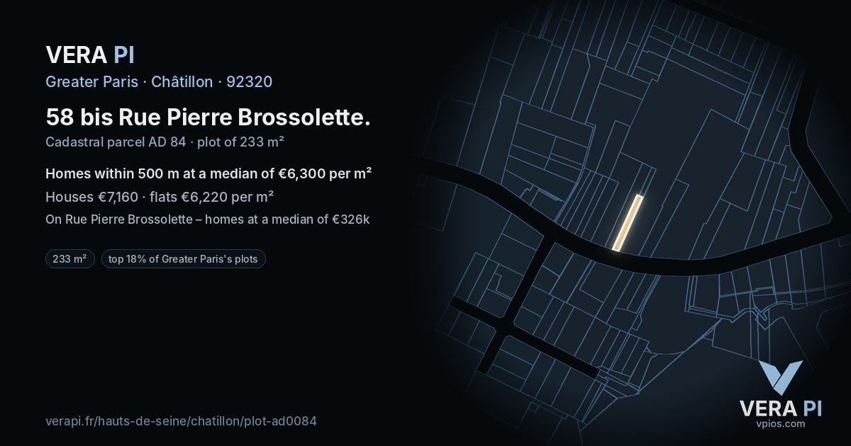 58 bis Rue Pierre Brossolette, Châtillon at night – the plot lit, the parcels around coloured by the prices near them