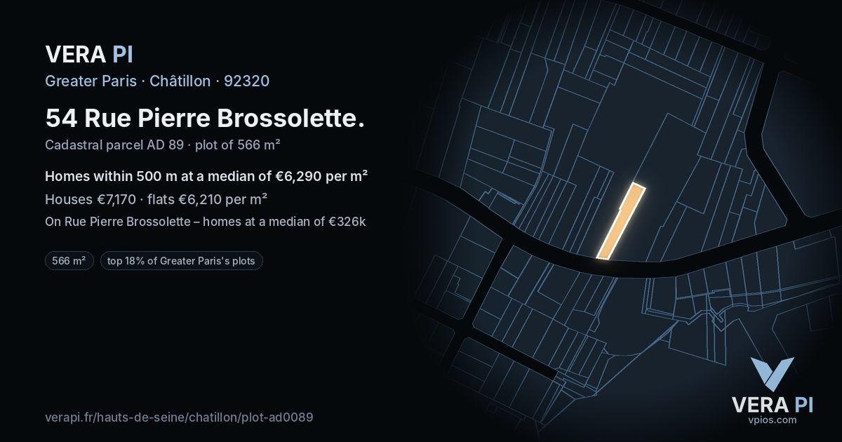 54 Rue Pierre Brossolette, Châtillon at night – the plot lit, the parcels around coloured by the prices near them