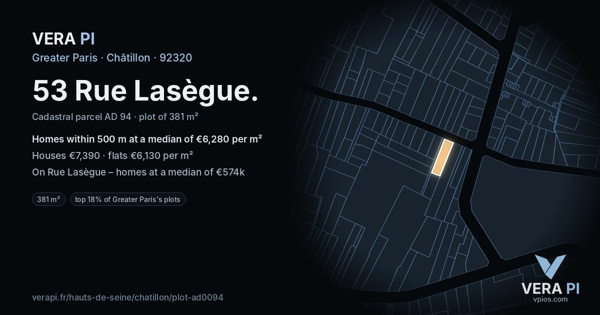 53 Rue Lasègue, Châtillon at night – the plot lit, the parcels around coloured by the prices near them