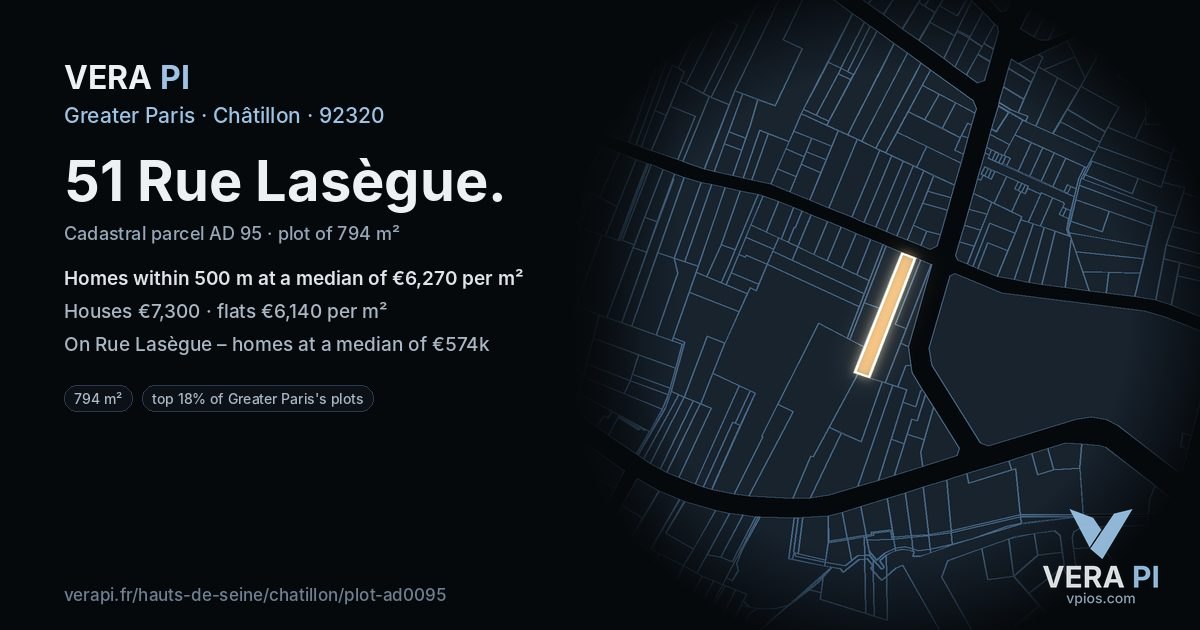 51 Rue Lasègue, Châtillon at night – the plot lit, the parcels around coloured by the prices near them