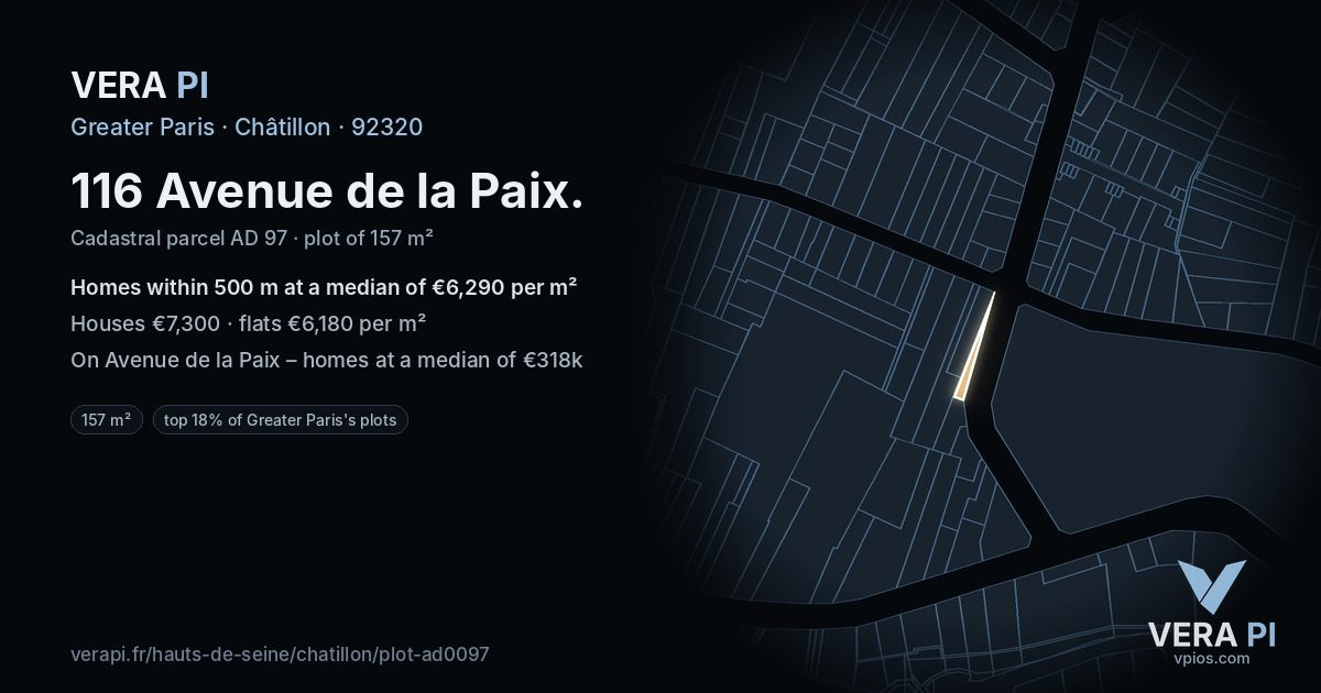 116 Avenue de la Paix, Châtillon at night – the plot lit, the parcels around coloured by the prices near them