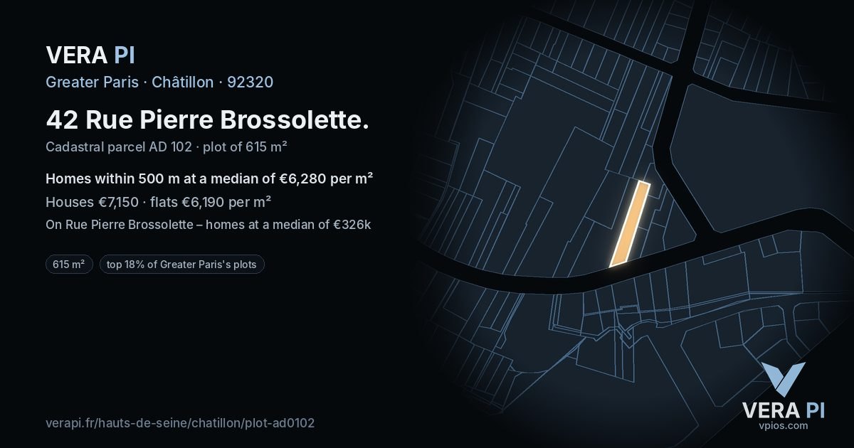 42 Rue Pierre Brossolette, Châtillon at night – the plot lit, the parcels around coloured by the prices near them