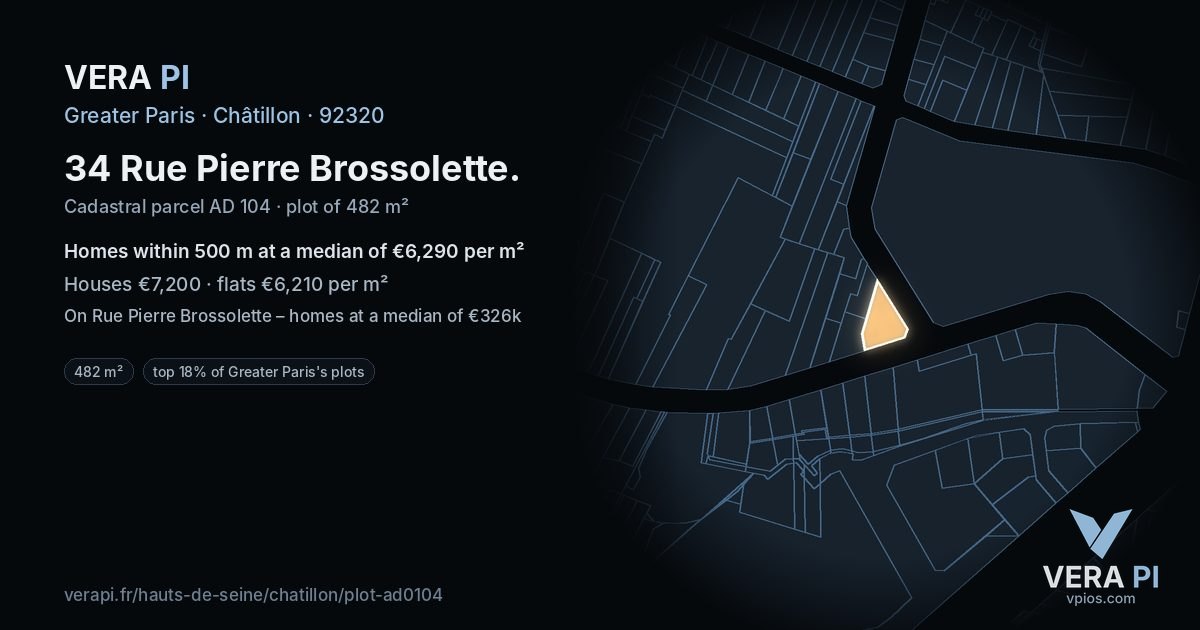 34 Rue Pierre Brossolette, Châtillon at night – the plot lit, the parcels around coloured by the prices near them