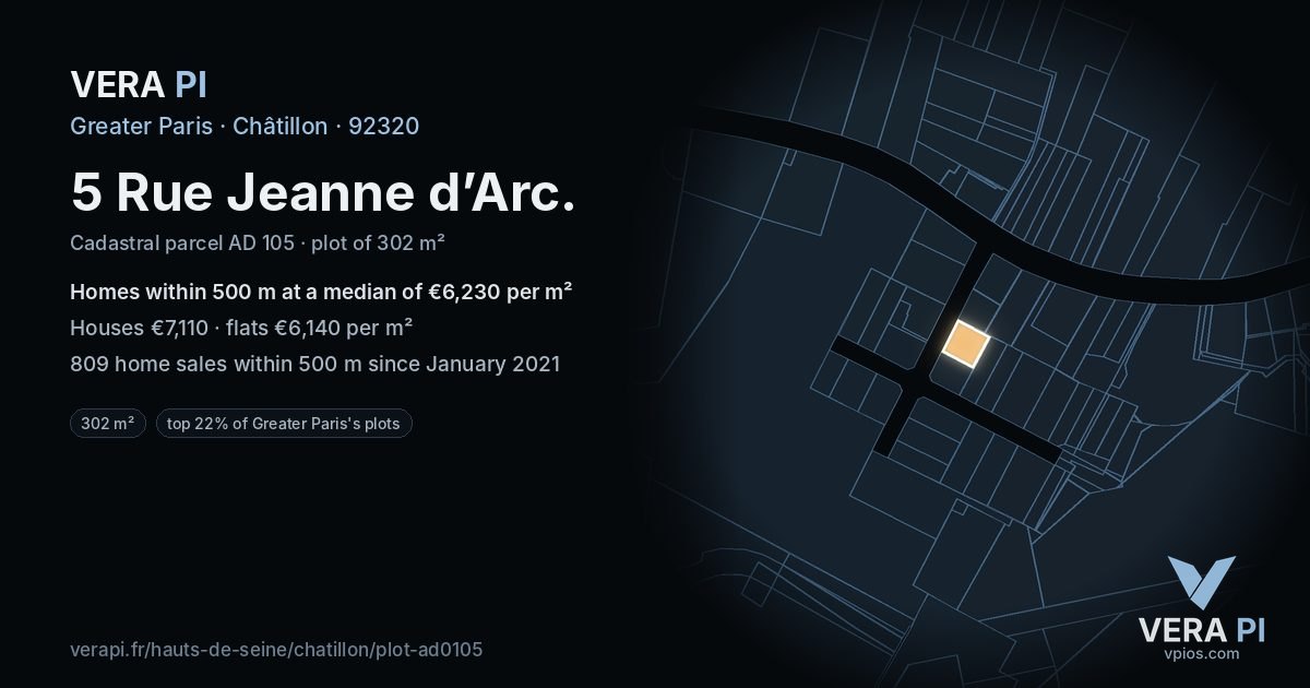 5 Rue Jeanne d’Arc, Châtillon at night – the plot lit, the parcels around coloured by the prices near them