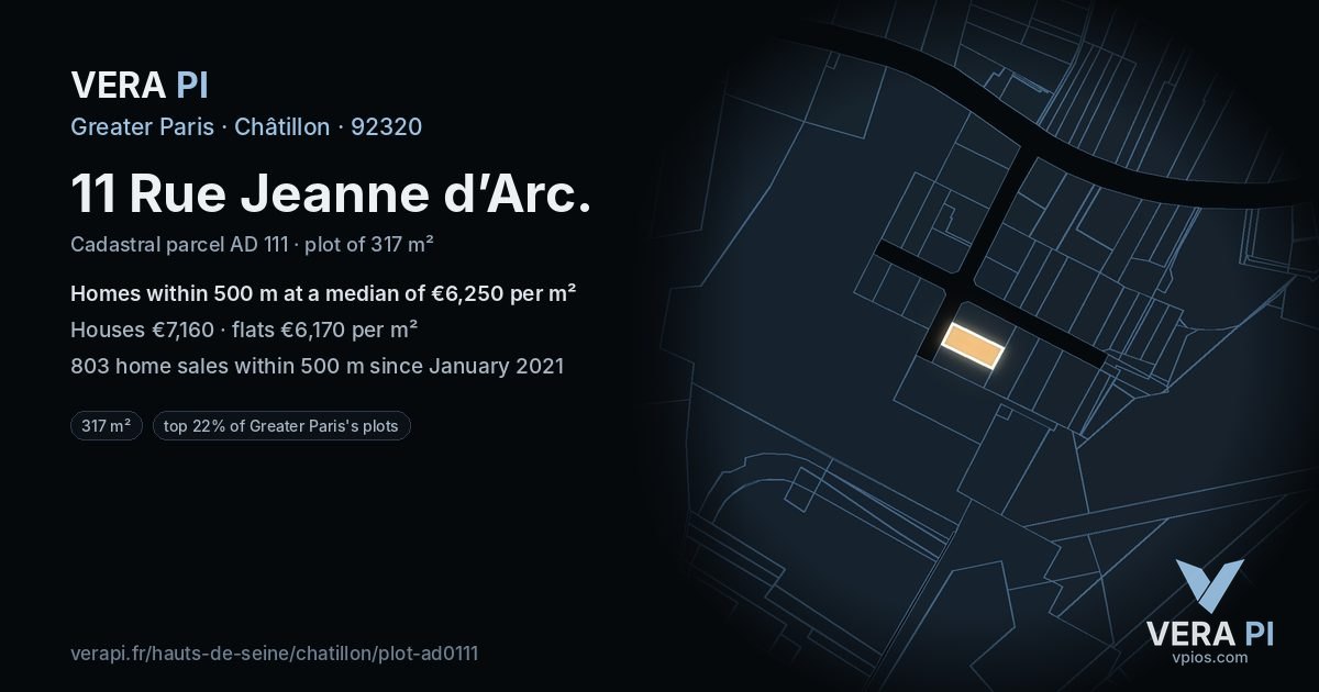 11 Rue Jeanne d’Arc, Châtillon at night – the plot lit, the parcels around coloured by the prices near them